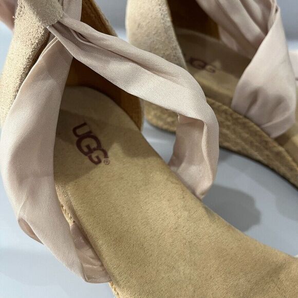 UGG Trina Jute Suede Wedge Tan Espadrille Ankle Ribbon Tie Sandals Size 6.5 - Picture 4 of 13